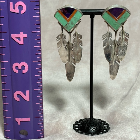 Ray Tracey Vintage Navajo Feather Sterling Silver Earrings - Picture 2 of 4